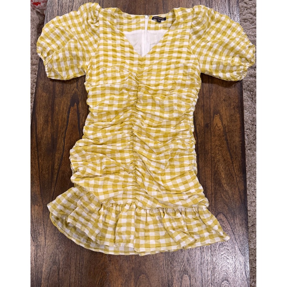 Skies Are Blue Yellow Gingham Ruched Puff Sleeve Mini Dress Small V-Neck Ruffle